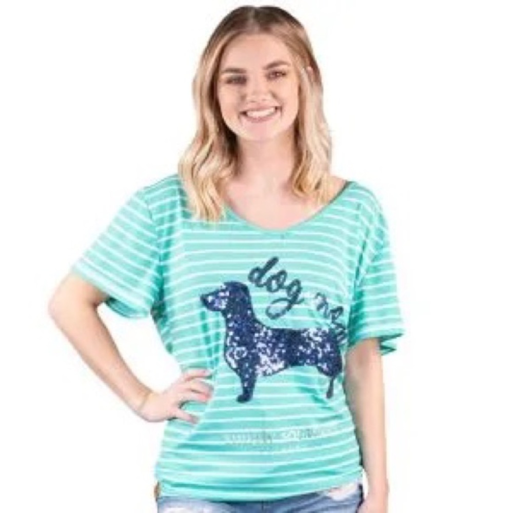 NWT Simply Southern Sequin Dog Mom Green and White Tee shirt size Small